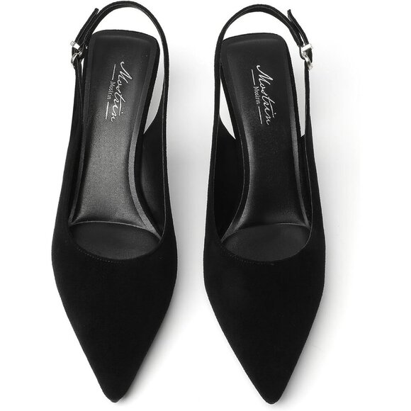 Mostrin Kitten Heel Black Suede Low Slingback Heels with Buckle Dress Shoes - Picture 8 of 9